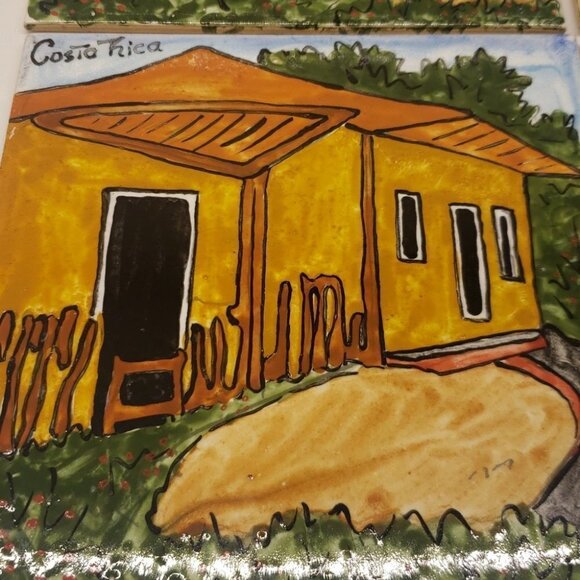 SET of 6 Ceramic Tiles Hand Painted Village Homes Houses  Costa Rica 6" x 6 - Picture 5 of 9